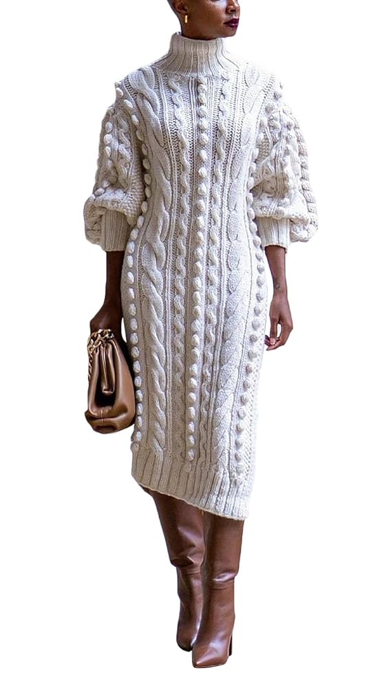 【最終値下げ】Puff Sleeve Cable Knit Dress Amazon.com: Women Puff Long Sleeve Turtleneck Maxi Sweater